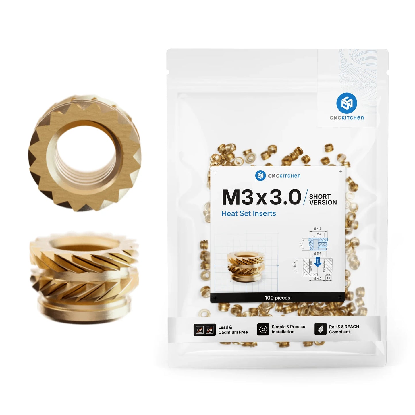 Gänginsats M3x3.0 (Korta) - 100 st - Brand It 3D