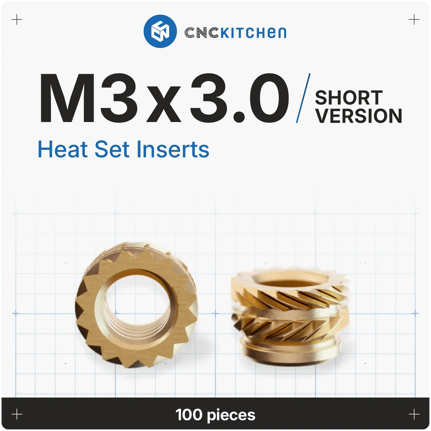 Gänginsats M3x3.0 (Korta) - 100 st - Brand It 3D